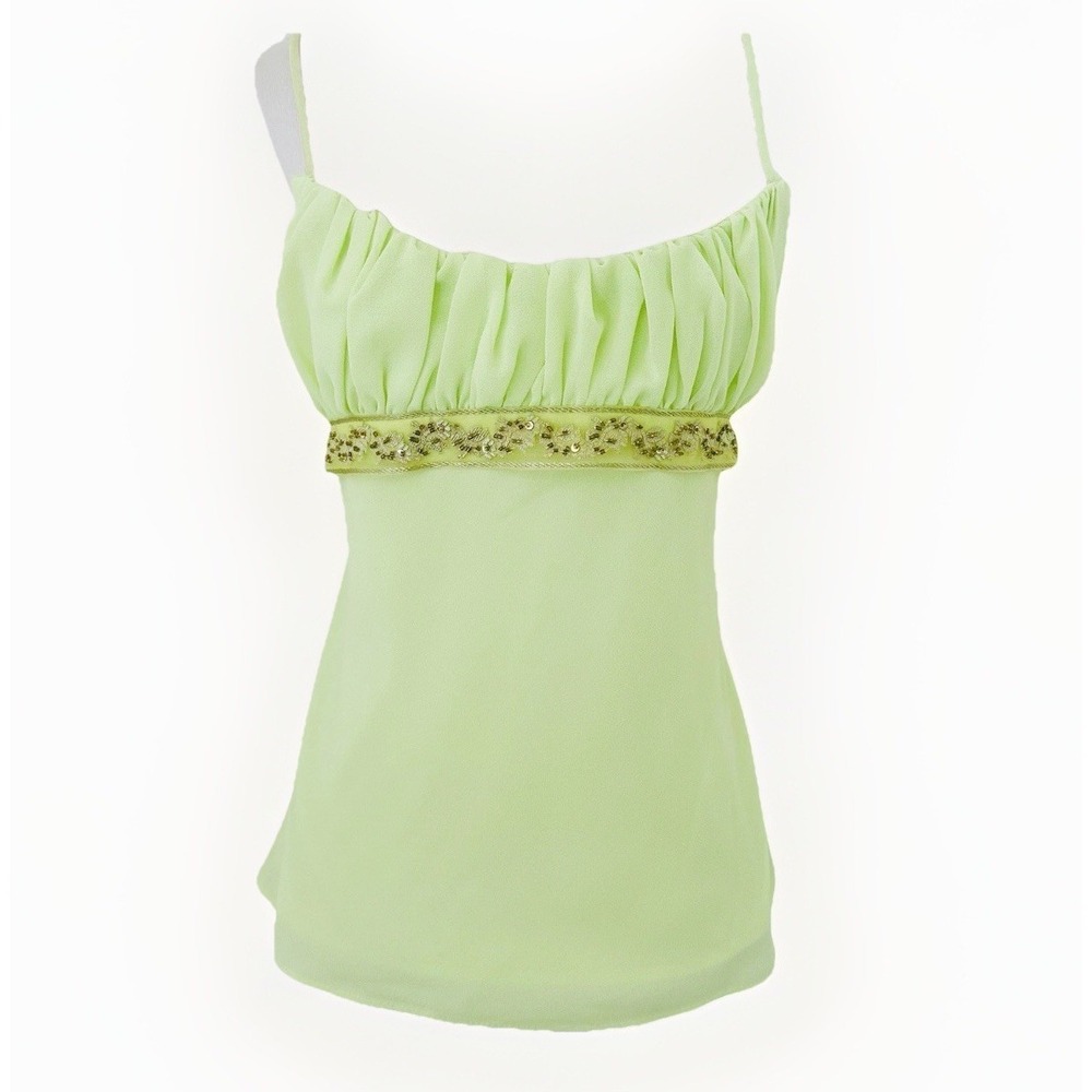 Vintage Y2K Cami Top Womens 14 Lime Green Beaded Chiffon Fairy Coquette Festival